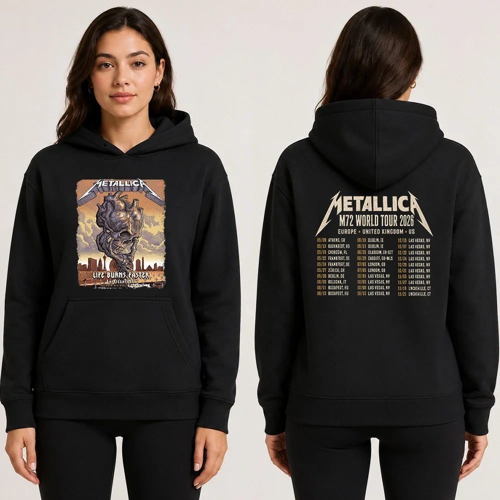 Metallica M72 World Tour Life Burns Faster October 8 and 10 2026 Sphere Las Vegas United States 2 Side T-Shirt featuring Skull Tornado artwork above a desert graveyard with Las Vegas skyline and M72 World Tour back graphic.